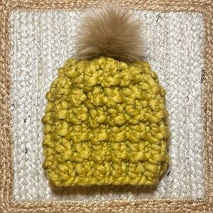 Mustard Seed Yellow Chunky Knit Beanie with Pom-Pom